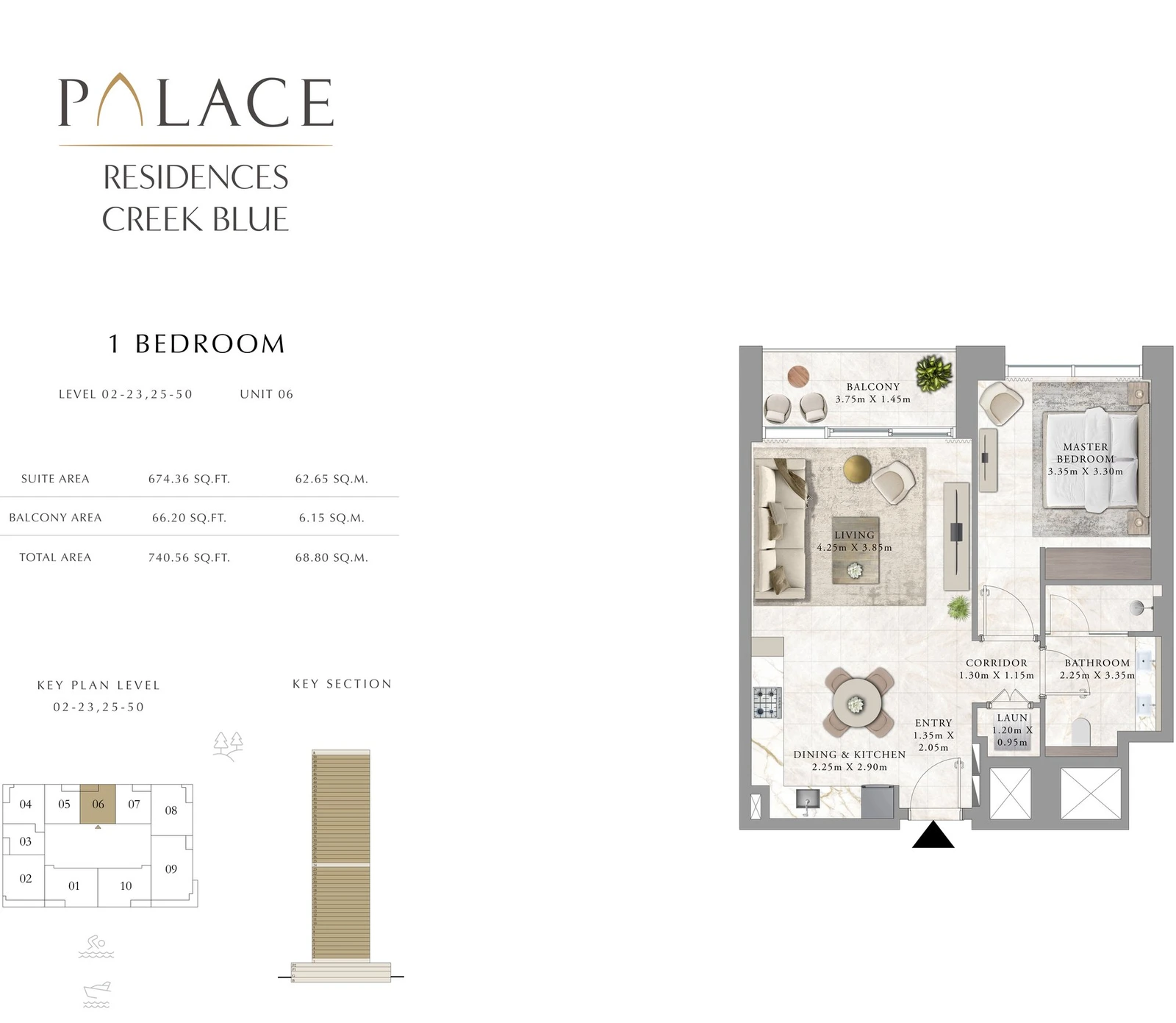 Floor plan for 1 Bedroom - Levels 02-23, 25-50 - Unit 06