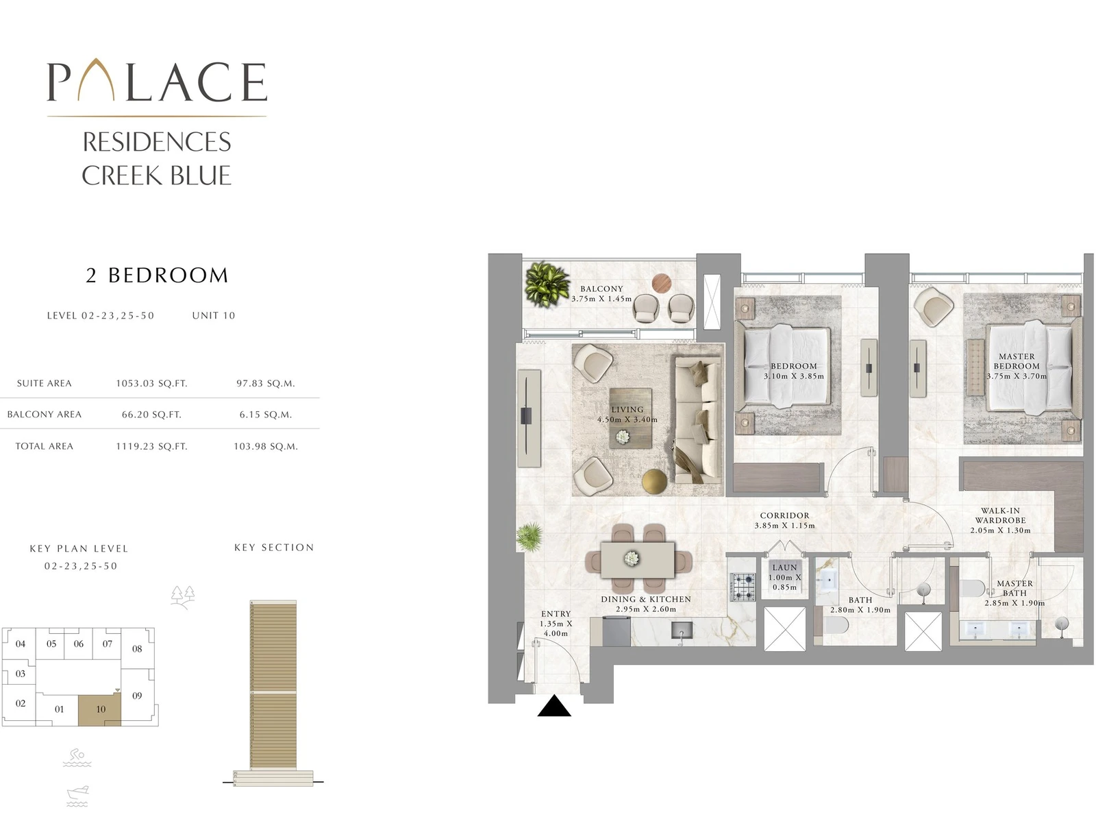 Floor plan for 2 Bedroom - Levels 02-23, 25-50 - Unit 10