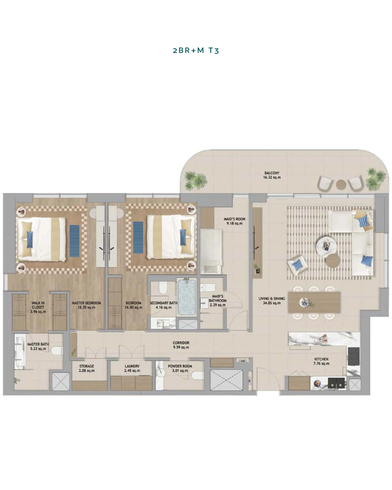 Floor plan for 2 Bedroom + Maid T3