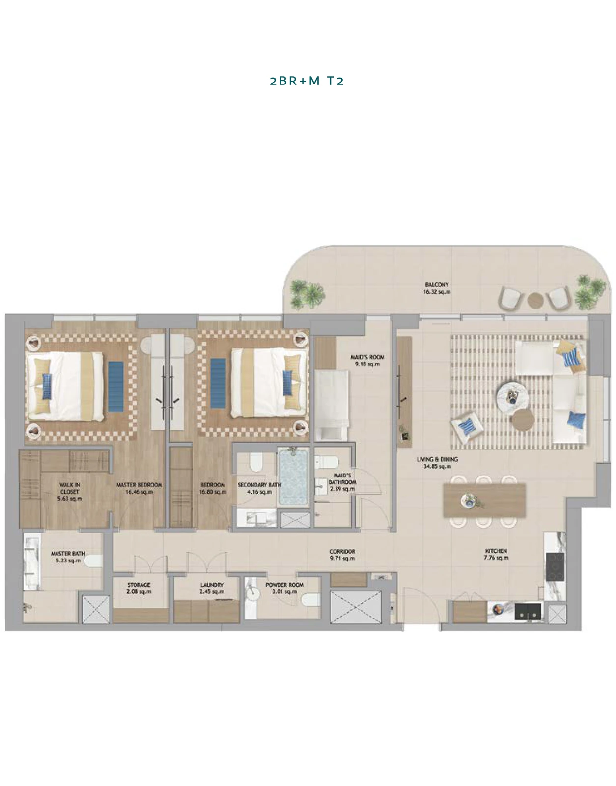 Floor plan for 2 Bedroom + Maid T2