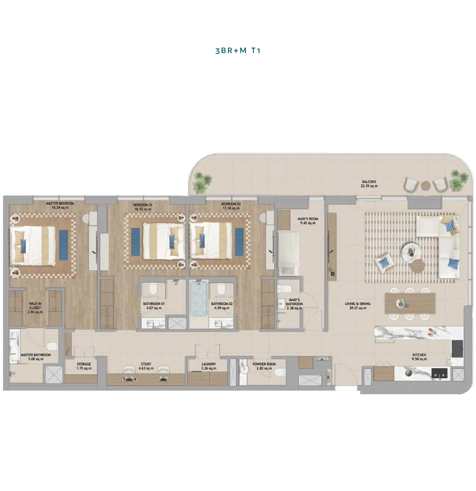 Floor plan for 3 Bedroom + Maid T1