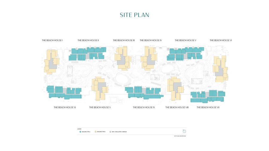 Site plan showing the eleven residential buildings at The Beach House Fahid.