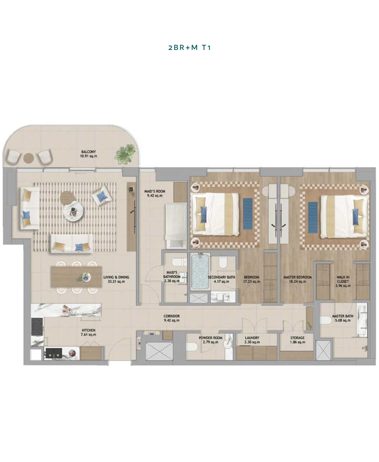 Floor plan for 2 Bedroom + Maid T1
