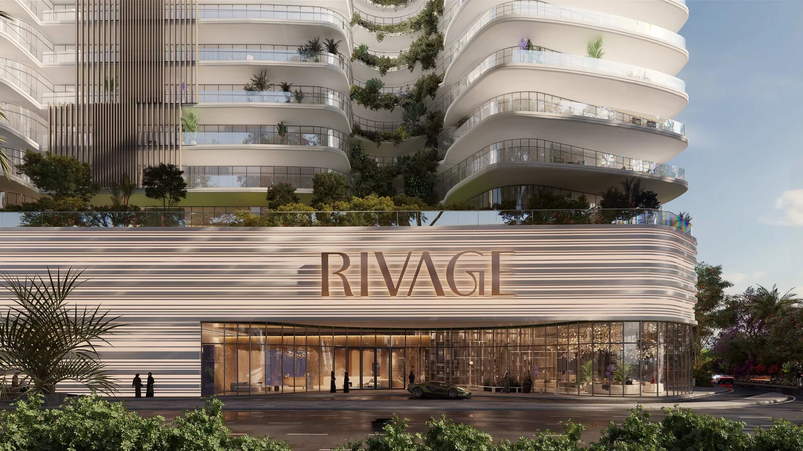 Landscaped main entrance and curved facade at Rivage