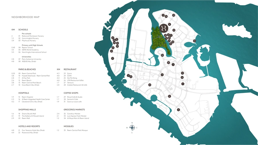 Al Reem Island location map for Rivage showing nearby schools, parks, beaches, healthcare and shopping destinations