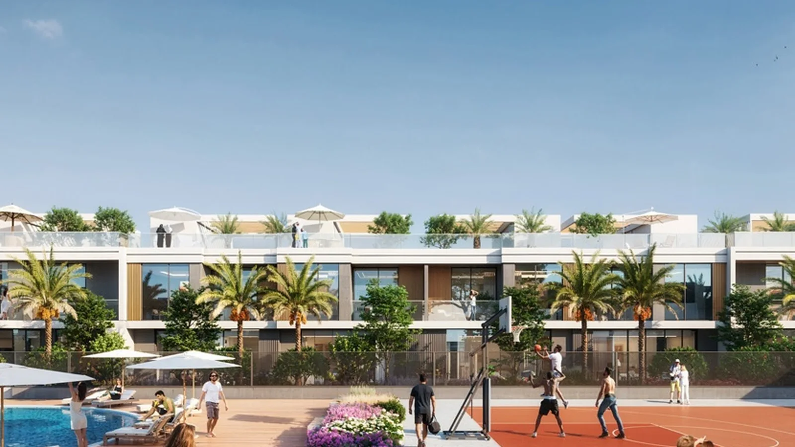 Pool, sports court and landscaped family amenity park at Aila Homes