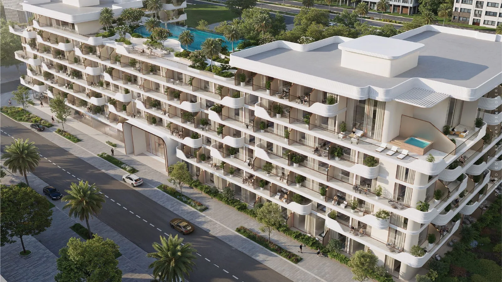 Aerial exterior view of Oxford Cove by Iman within Jumeirah Village Circle