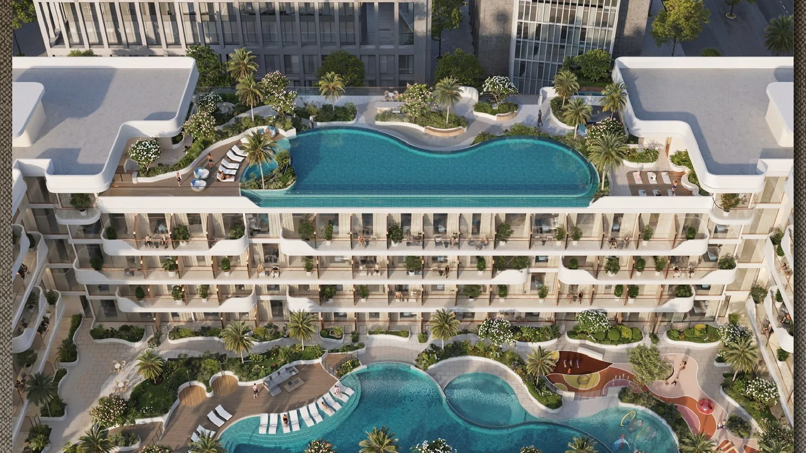 Top-down view of Oxford Cove by Iman leisure and rooftop amenity decks