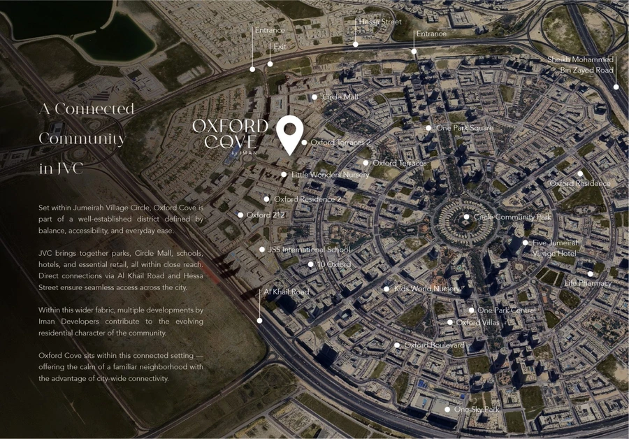 Jumeirah Village Circle satellite location map for Oxford Cove by Iman with nearby roads, parks, schools, retail and Iman developments