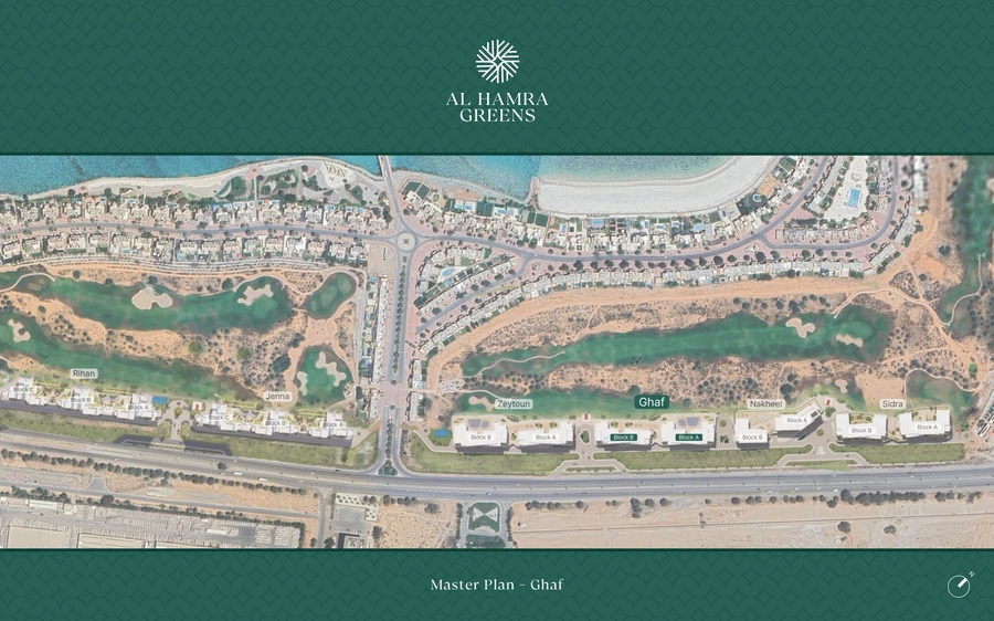Ghaf master plan at Al Hamra Greens showing Blocks A and B beside the golf course
