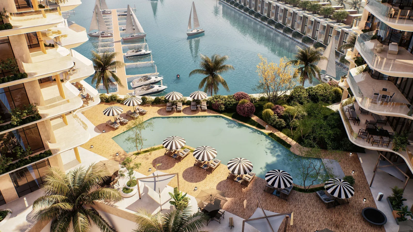 Resort-style pool terrace overlooking the marina at Al Hamra Waterfront