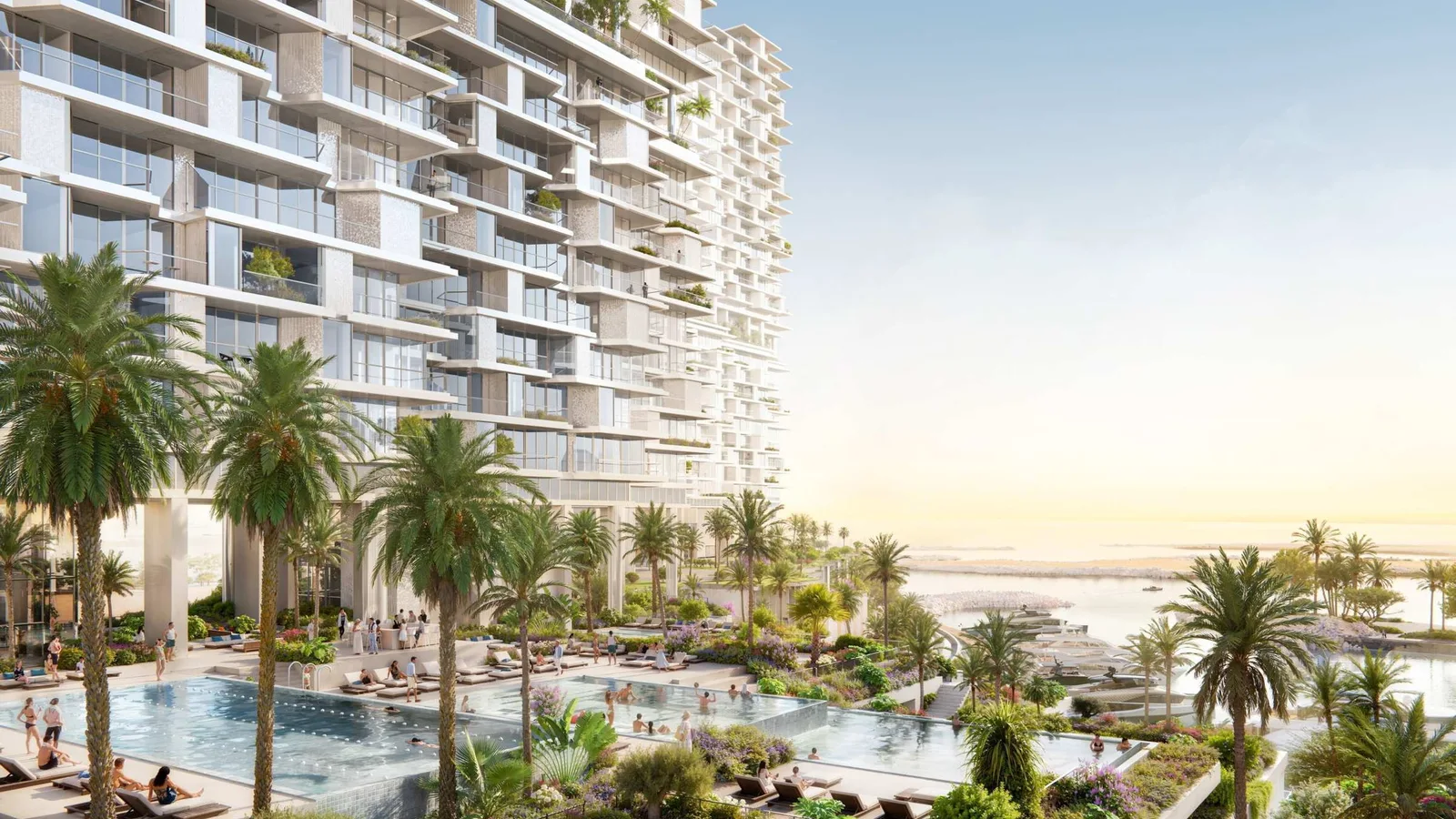 Landscaped pool gardens and stepped terraces at Riviera Residences