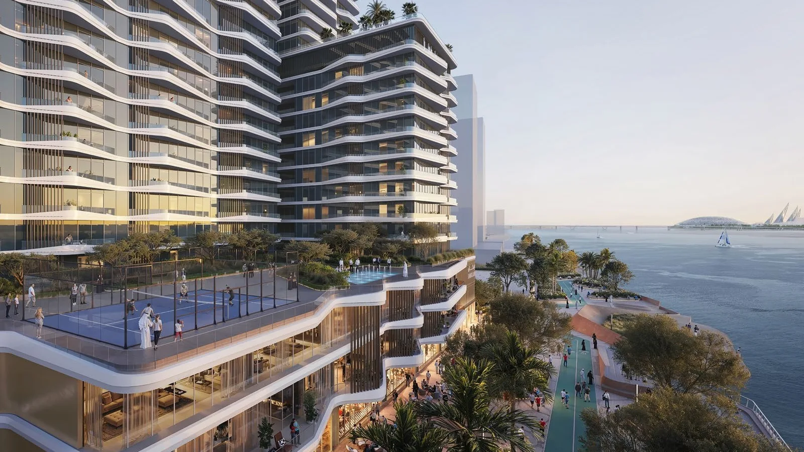 Sunstone tower beside the waterfront promenade