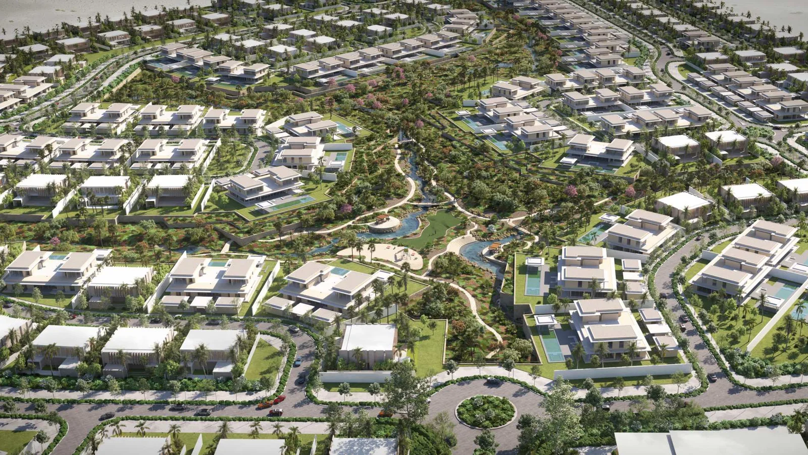 Aerial view of the Eden Hills villa community and landscaped central Wadi