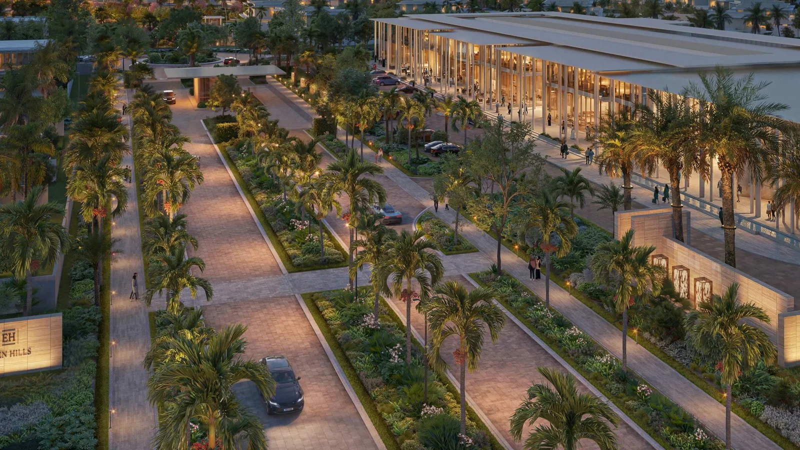 Landscaped main entrance to the gated Eden Hills community in Dubai