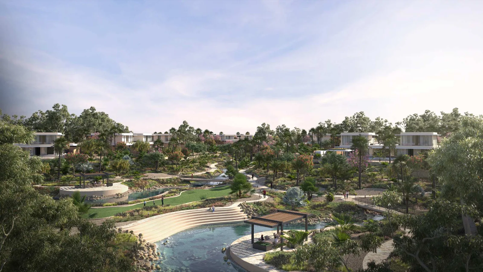 Landscaped central Wadi with walking paths and villas at Eden Hills