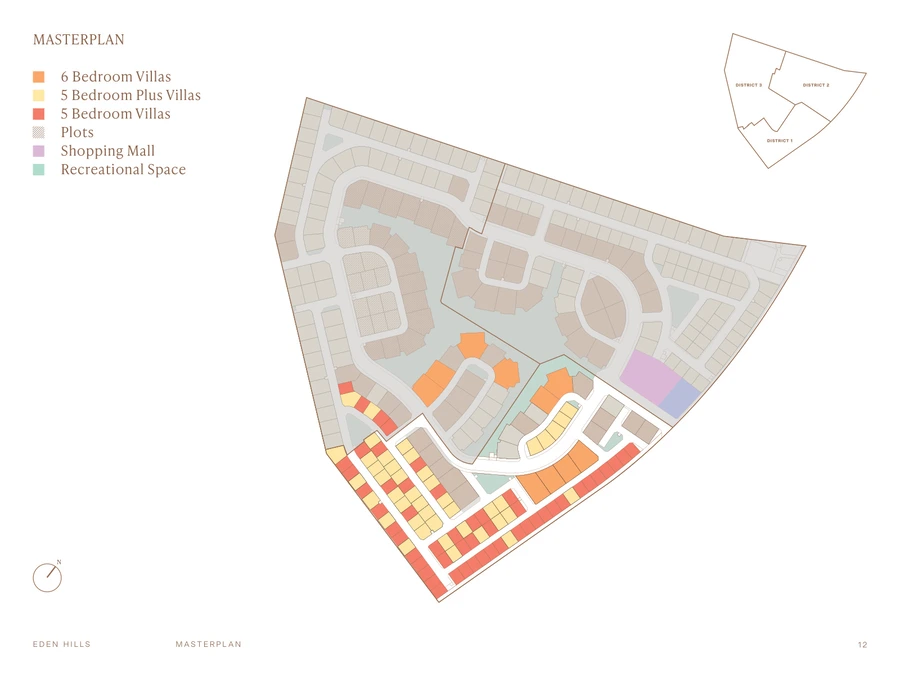 Eden Hills master plan showing three residential districts, villa collections, plots, shopping mall and recreational spaces