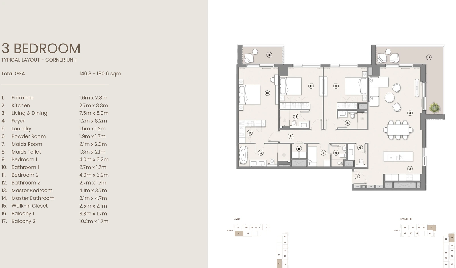 3 Bedroom Typical Layout - Corner Unit apartment floor plan at Tara Park on Reem Island.