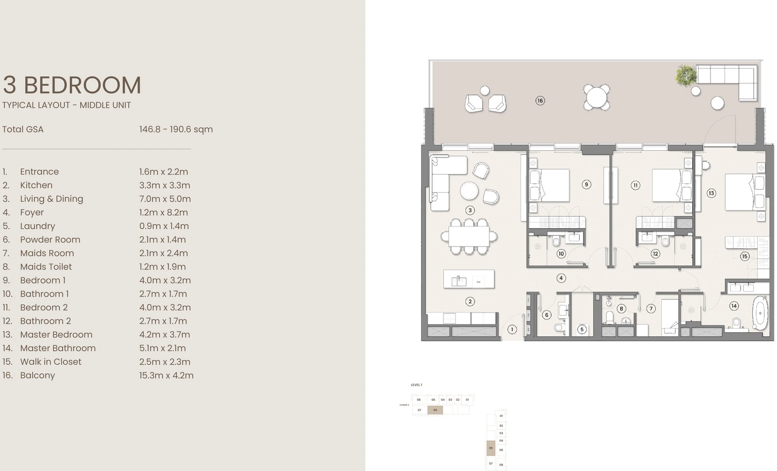 3 Bedroom Typical Layout - Middle Unit apartment floor plan at Tara Park on Reem Island.