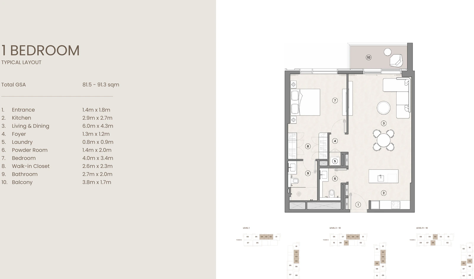 1 Bedroom Typical Layout apartment floor plan at Tara Park on Reem Island.