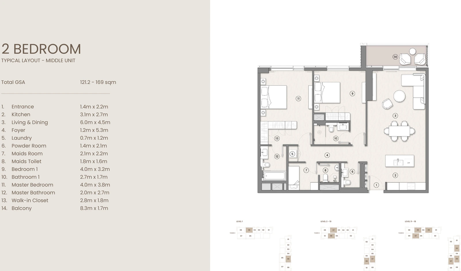 2 Bedroom Typical Layout - Middle Unit apartment floor plan at Tara Park on Reem Island.