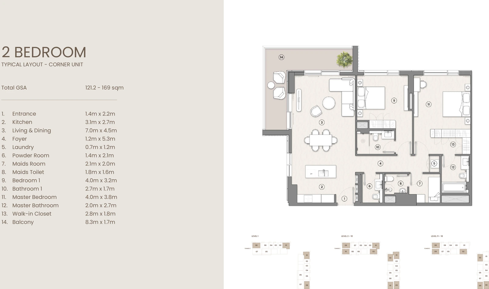 2 Bedroom Typical Layout - Corner Unit apartment floor plan at Tara Park on Reem Island.