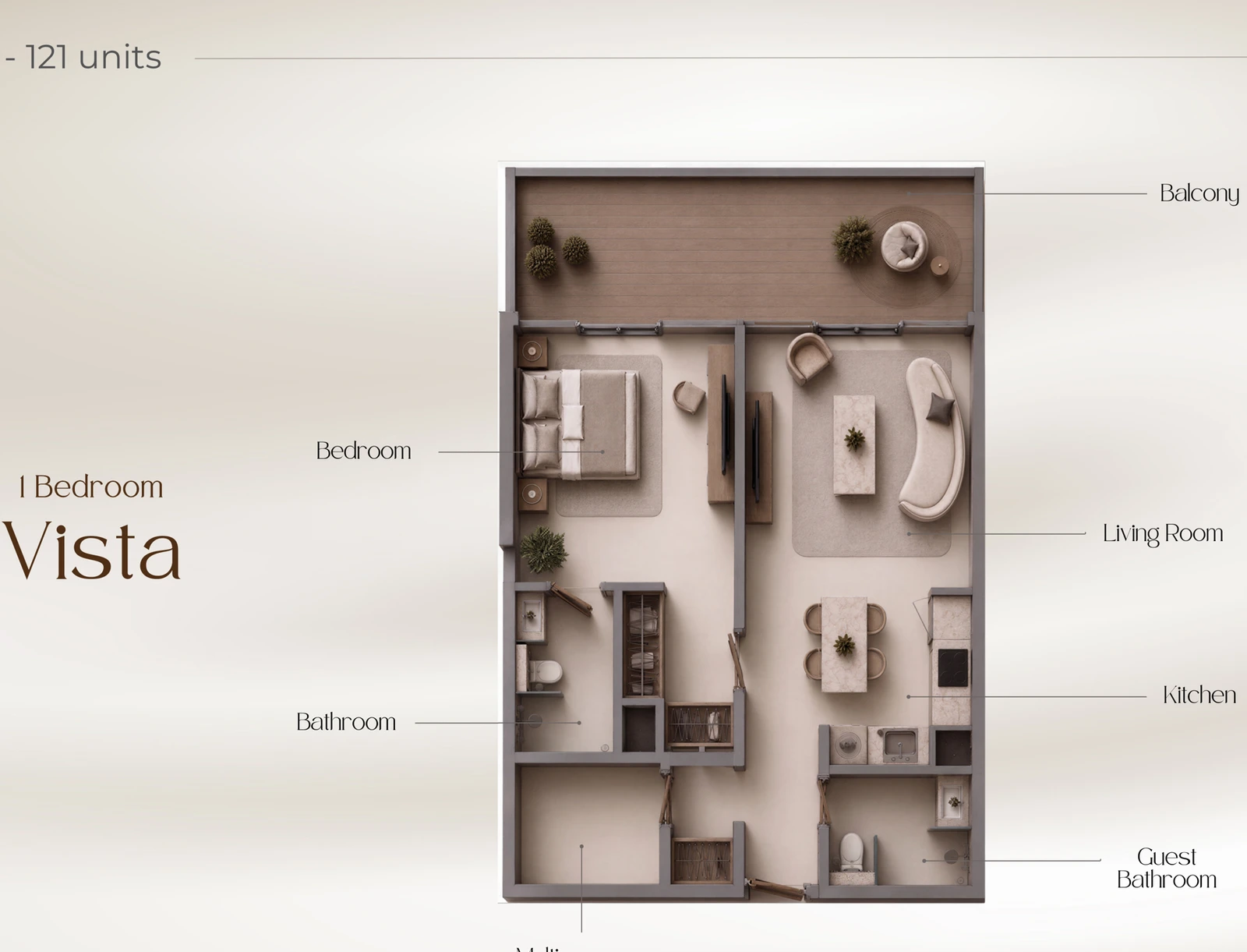 1 Bedroom Vista apartment floor plan at Beverly Crown in Jumeirah Village Circle, 906.54 sq ft.