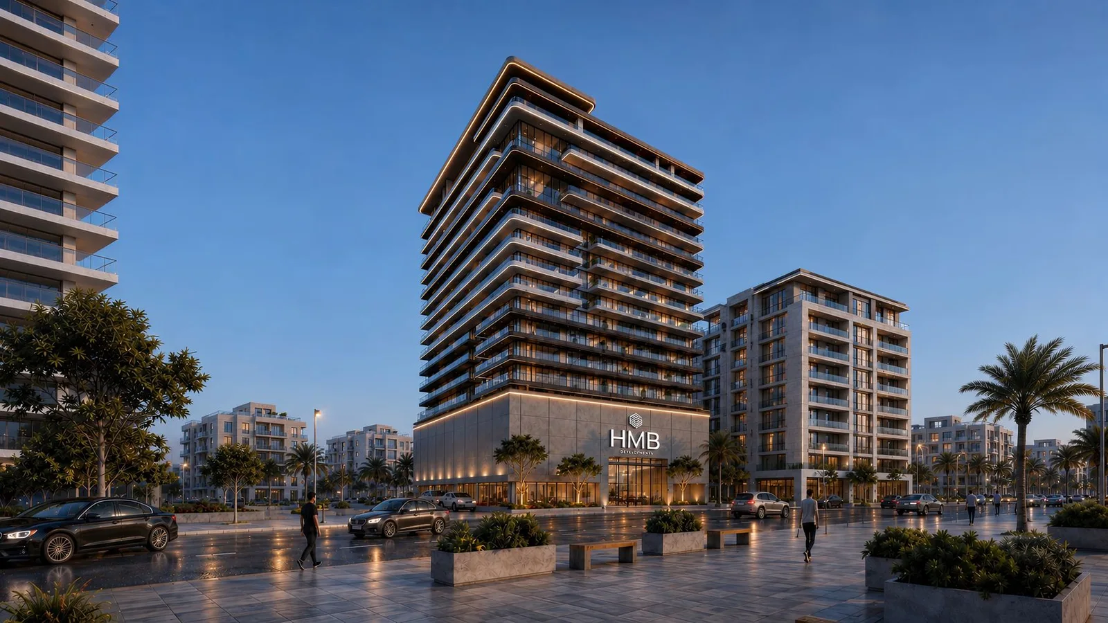 Dusk exterior view of Beverly Crown in Jumeirah Village Circle.