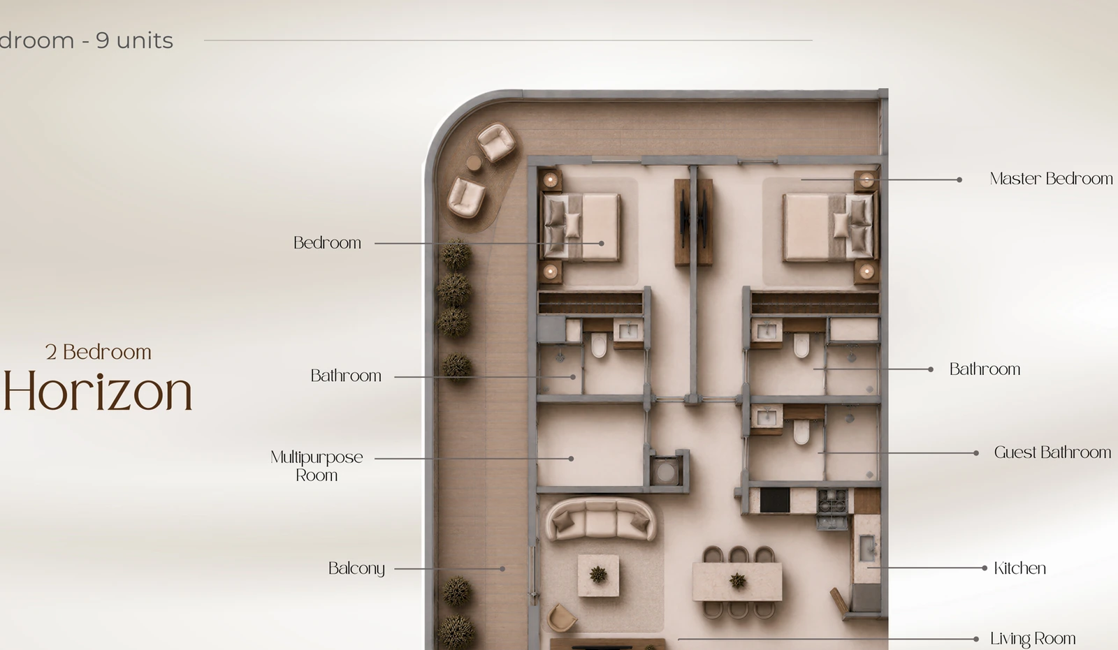 2 Bedroom Horizon apartment floor plan at Beverly Crown in Jumeirah Village Circle, 1,365.19 sq ft.