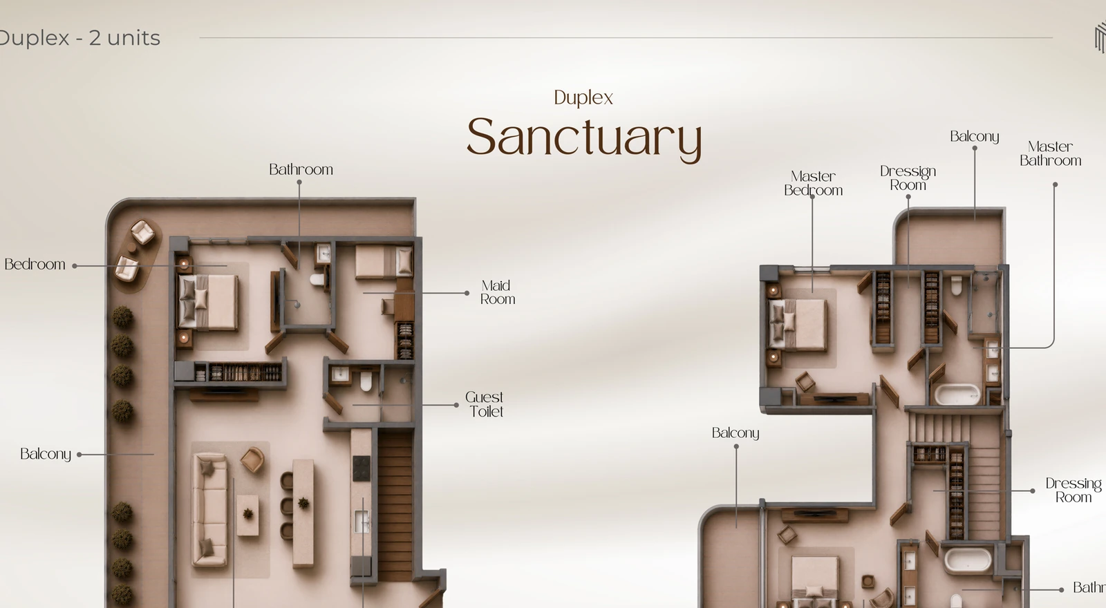 3 Bedroom Duplex Sanctuary duplex apartment floor plan at Beverly Crown in Jumeirah Village Circle, 2,321.99 sq ft.