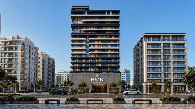 Daytime exterior view of Beverly Crown in Jumeirah Village Circle.