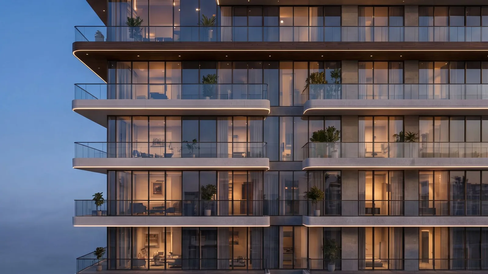 Curved glass balconies on the Beverly Crown facade.
