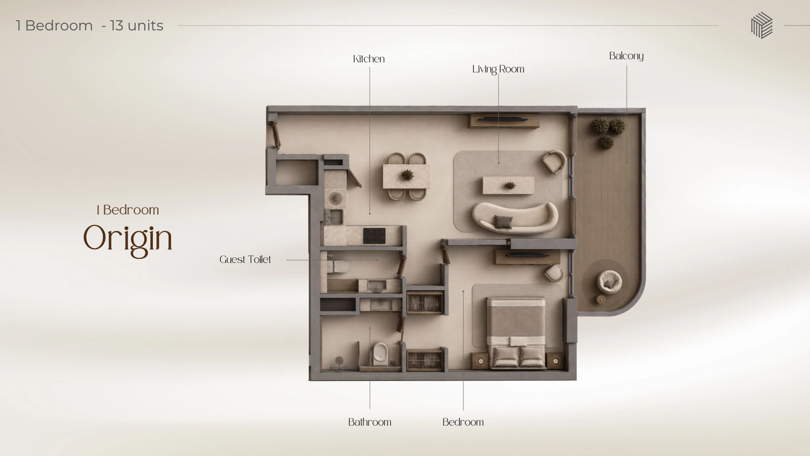 1 Bedroom Origin apartment floor plan at Beverly Crown in Jumeirah Village Circle, 714.94 sq ft.