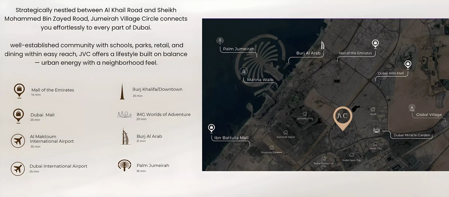 Beverly Crown location master plan showing Jumeirah Village Circle and connections to major Dubai destinations.