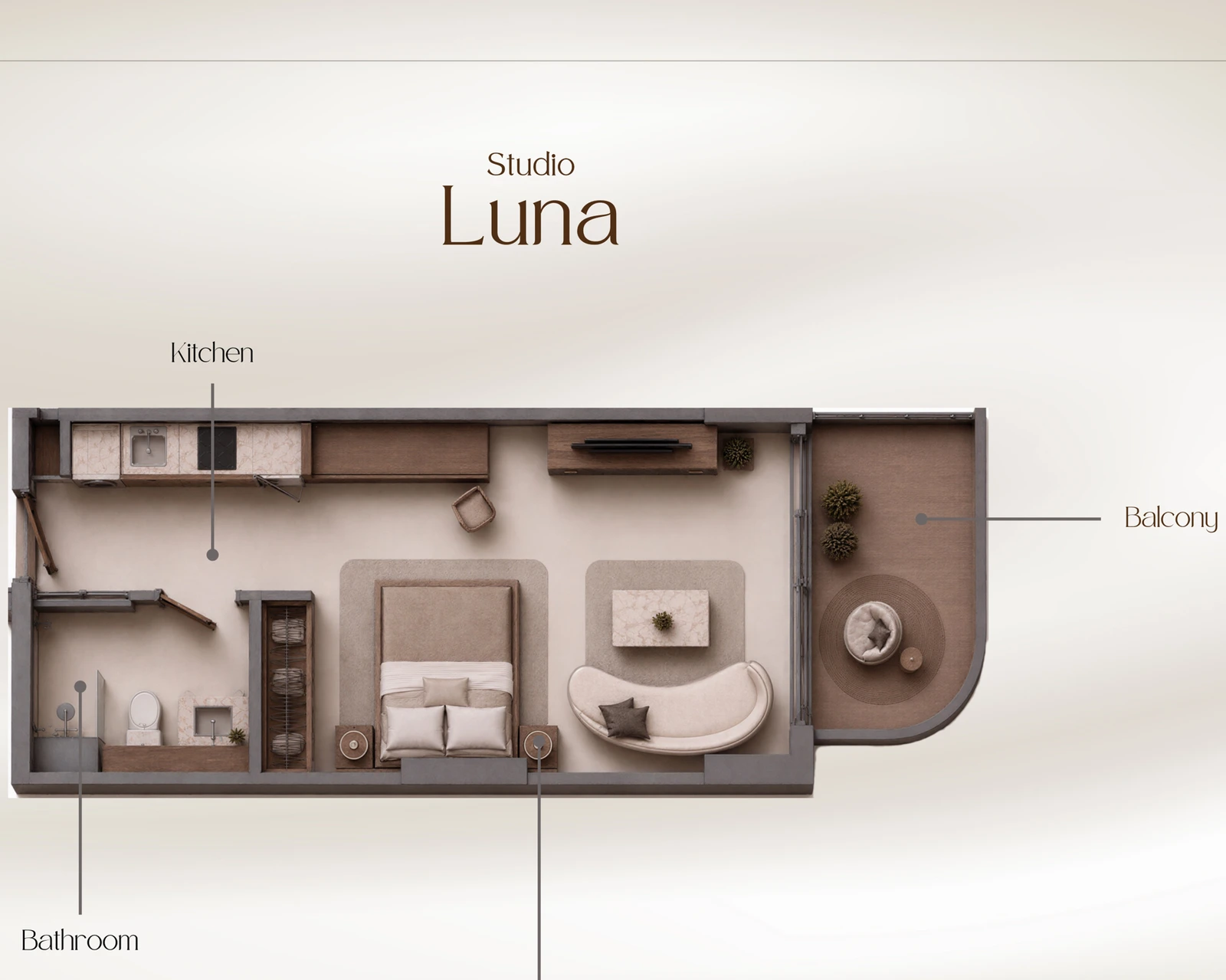 Studio Luna apartment floor plan at Beverly Crown in Jumeirah Village Circle, 438.95 to 456.71 sq ft.