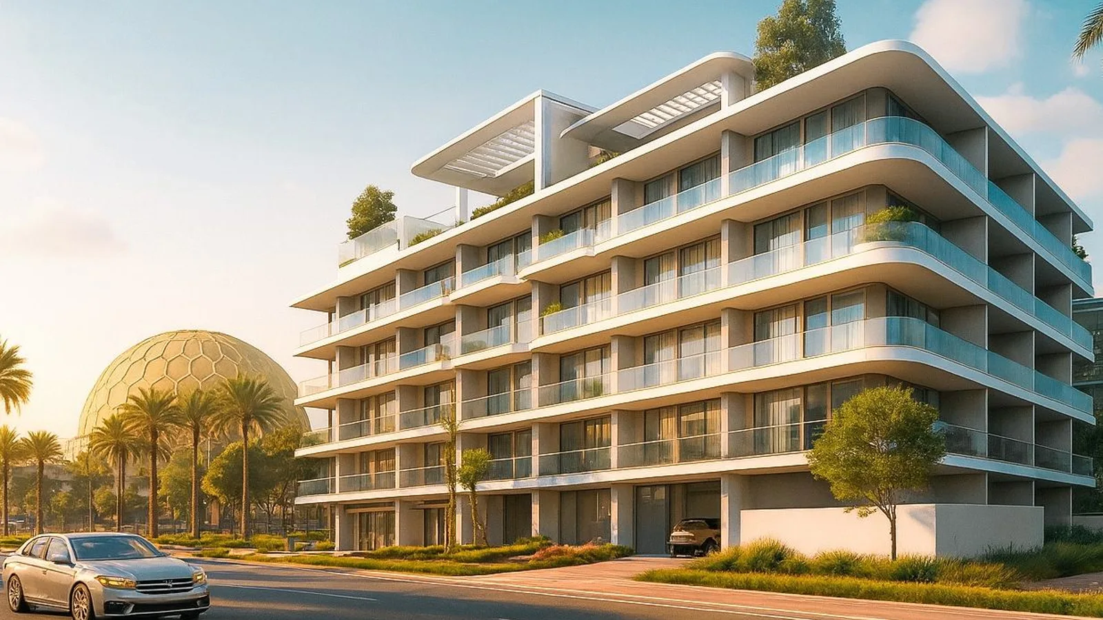 Galleria Residences exterior with landscaped frontage in Dubai South.