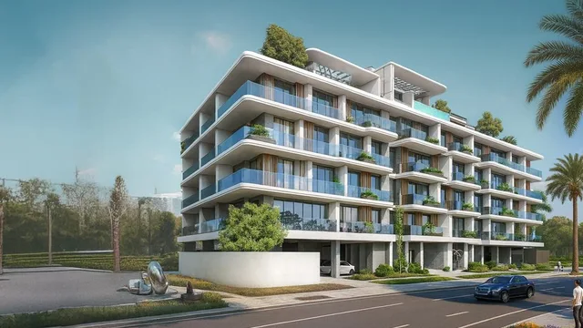 Street-level exterior view of Galleria Residences in Dubai South.