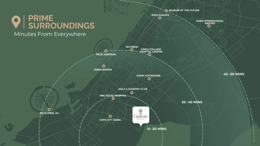 Galleria Residences location map showing its Dubai South position and travel-time bands to major Dubai destinations.