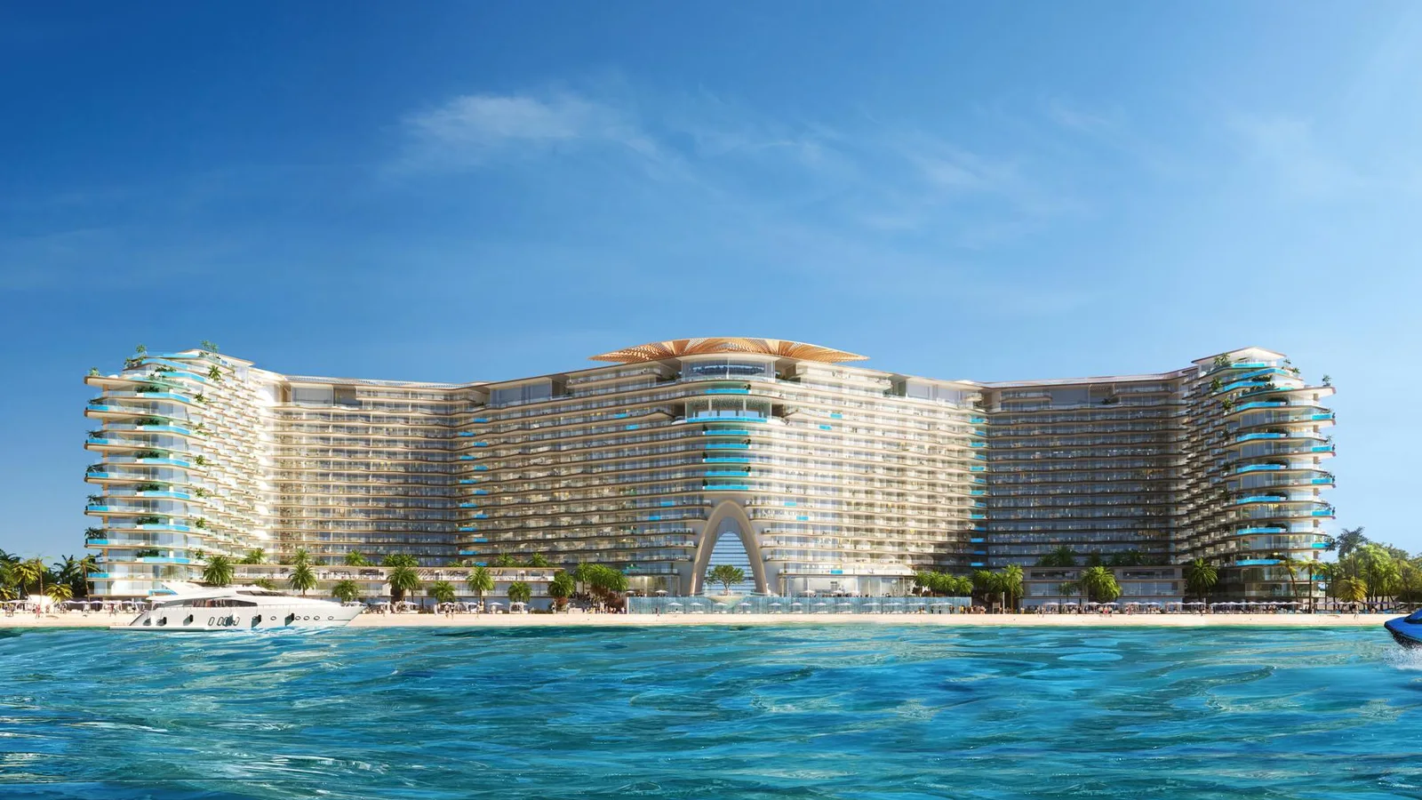 Waterfront exterior of Karl Lagerfeld Beach Residences on Al Marjan Island.