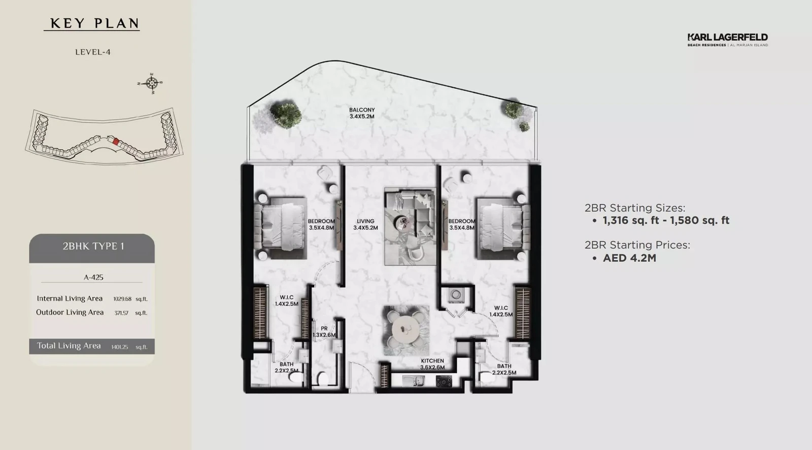 Karl Lagerfeld Beach Residences two-bedroom Standard apartment Type 1, Level 4 floor plan, 1,401.25 sq ft.