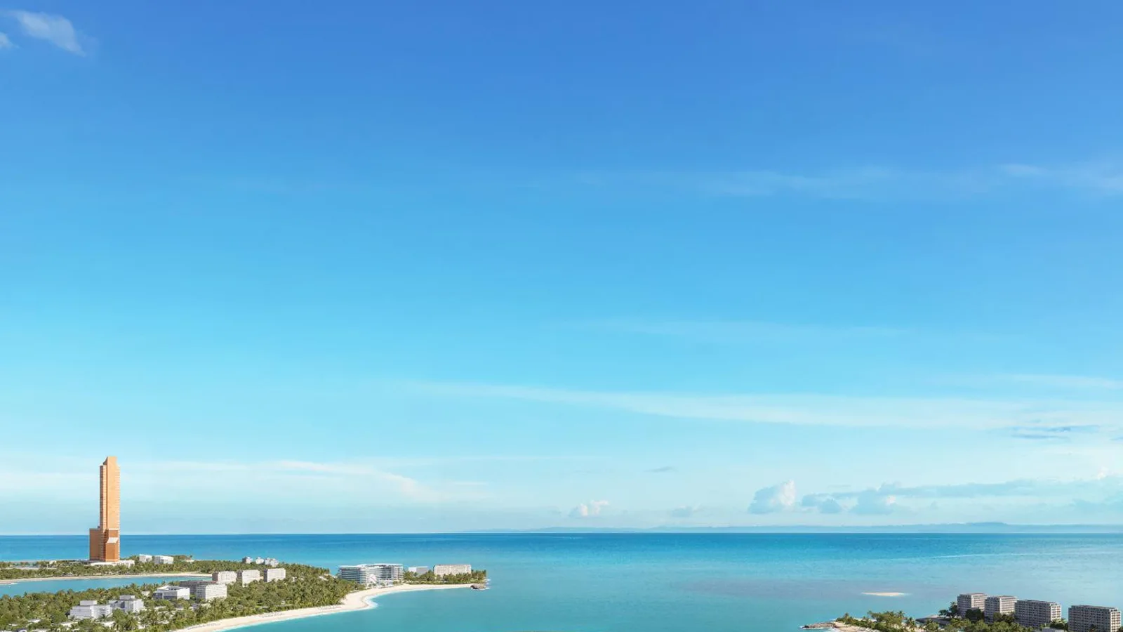 Aerial exterior view of Karl Lagerfeld Beach Residences beside the sea.