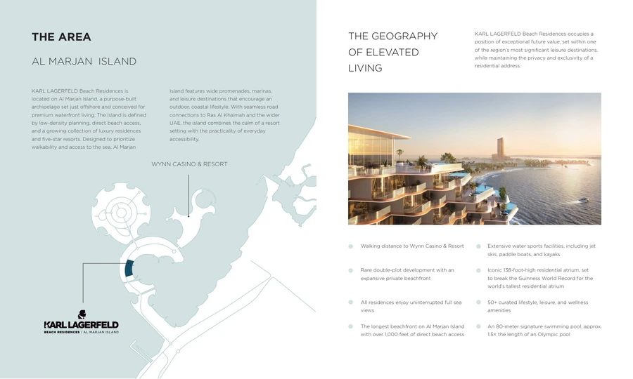 Al Marjan Island location map for Karl Lagerfeld Beach Residences with the project position and regional connections.