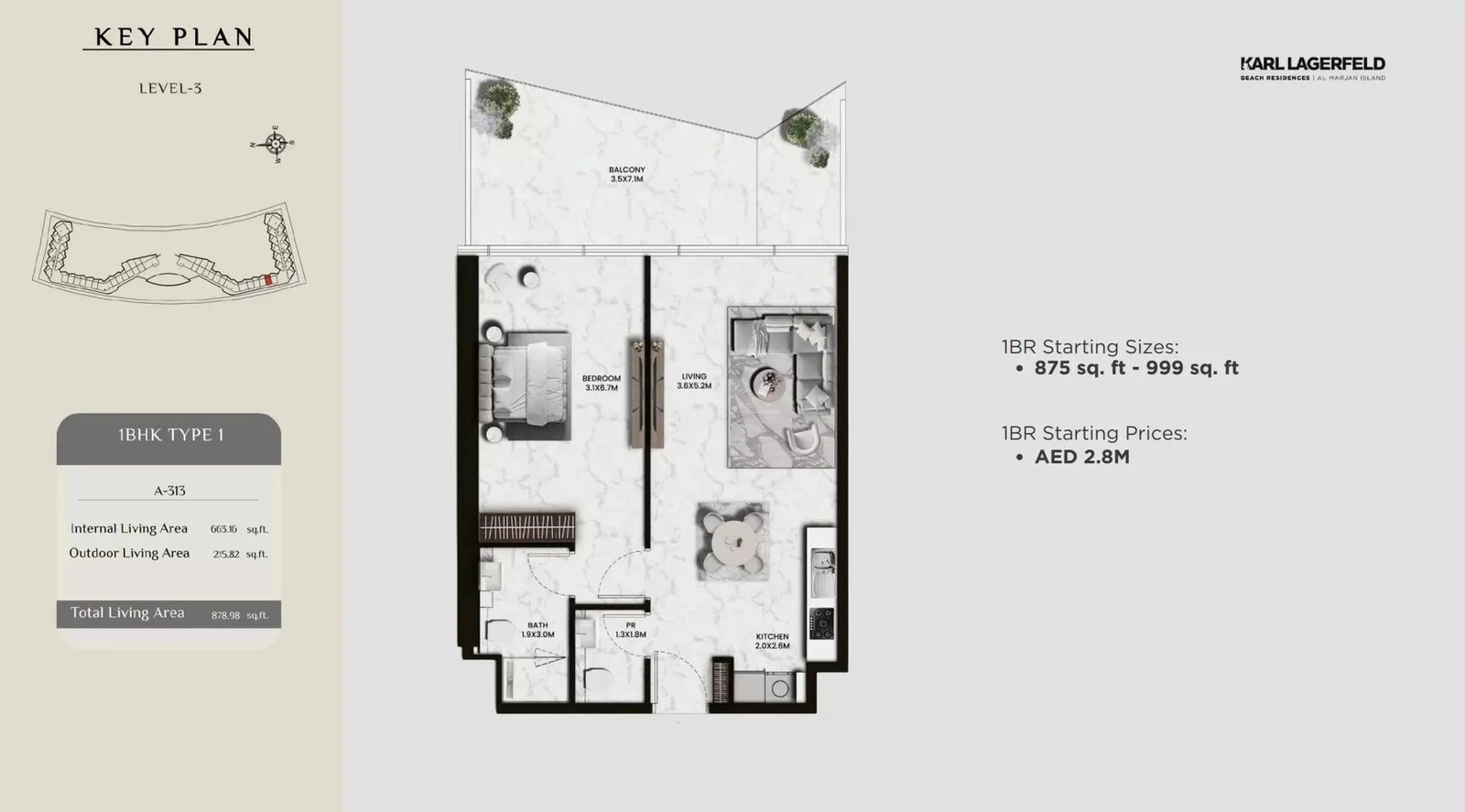 Karl Lagerfeld Beach Residences one-bedroom Standard apartment Type 1, Level 3 floor plan, 878.98 sq ft.
