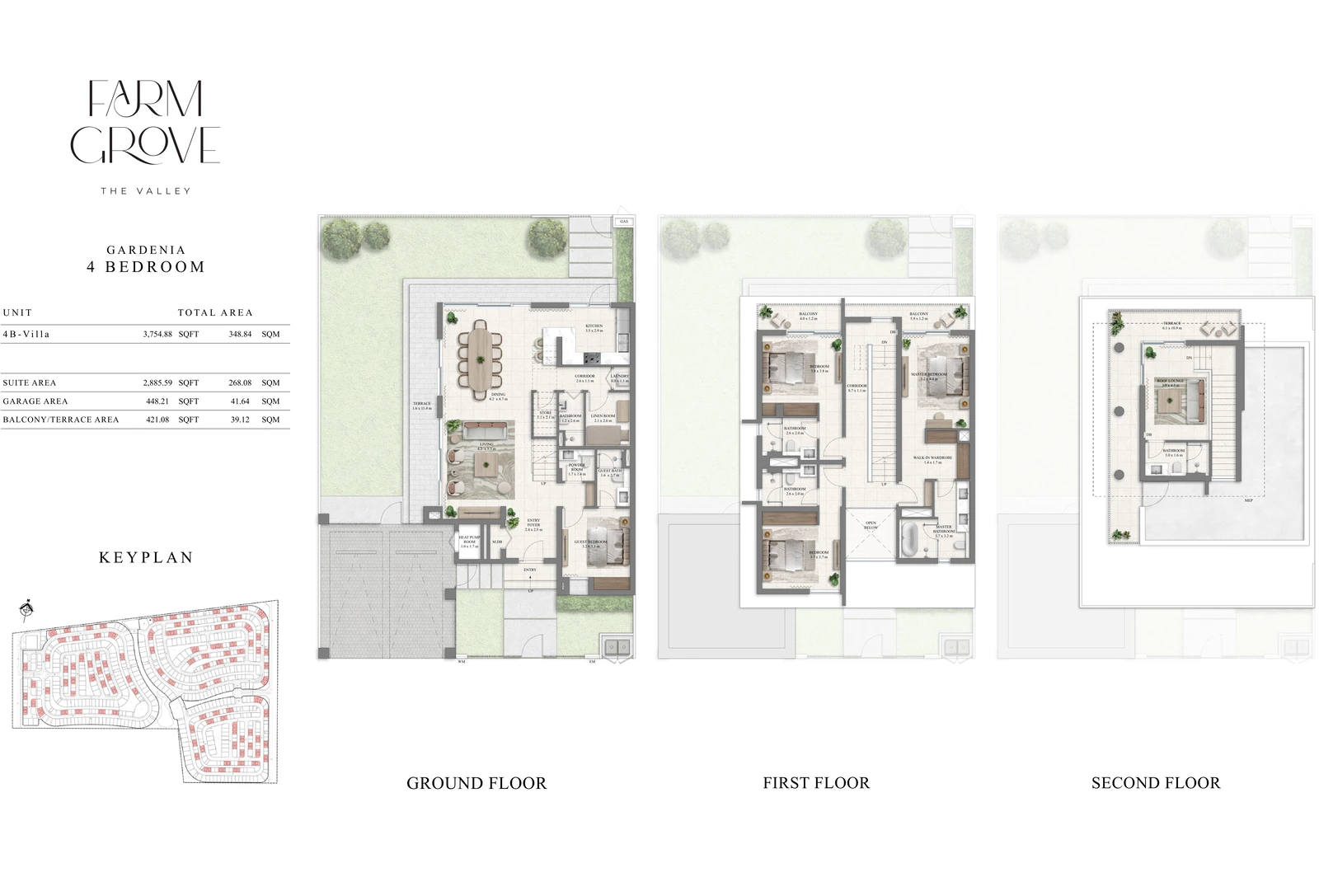 Farm Grove 4-bedroom Gardenia villa floor plan showing ground, first and second floors, 3,754.88 sq ft