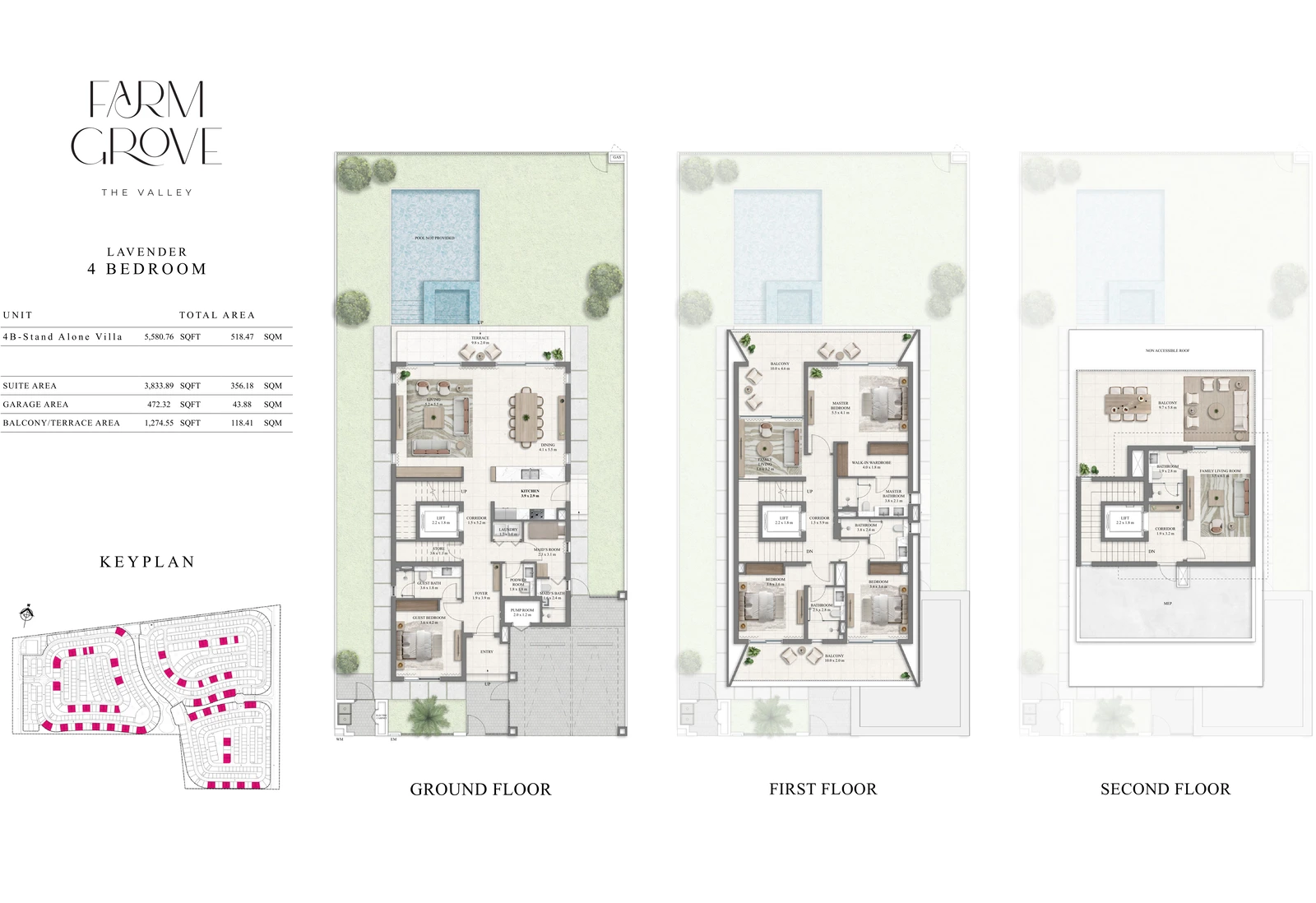 Farm Grove 4-bedroom Lavender villa floor plan showing ground, first and second floors, 5,580.76 sq ft