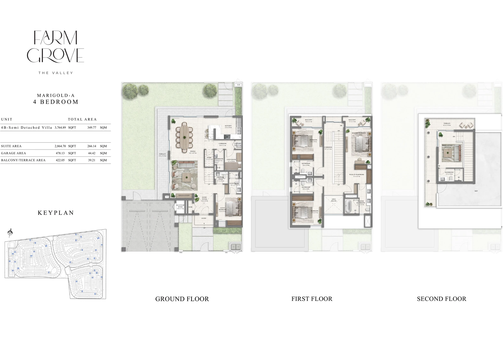 Farm Grove 4-bedroom Marigold-A villa floor plan showing ground, first and second floors, 3,764.89 sq ft