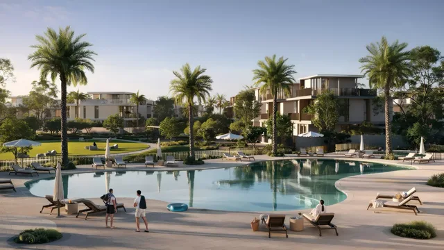Farm Grove community swimming pool surrounded by landscaped Emaar villas at The Valley