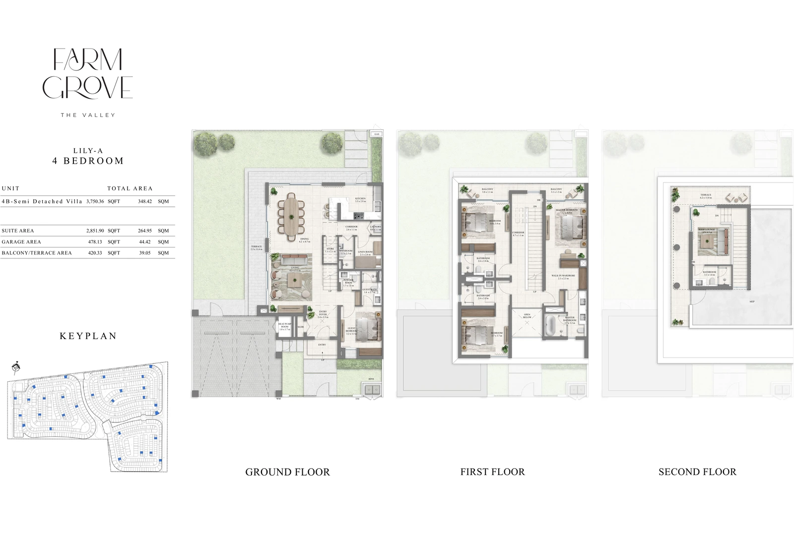 Farm Grove 4-bedroom Lily-A villa floor plan showing ground, first and second floors, 3,750.36 sq ft