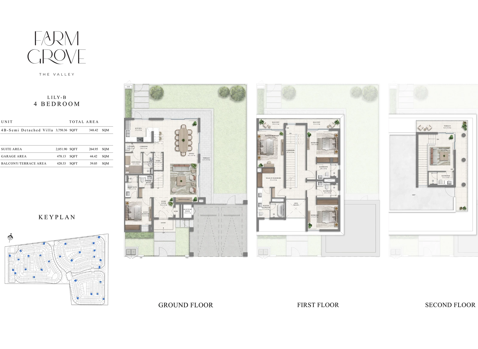 Farm Grove 4-bedroom Lily-B villa floor plan showing ground, first and second floors, 3,750.36 sq ft