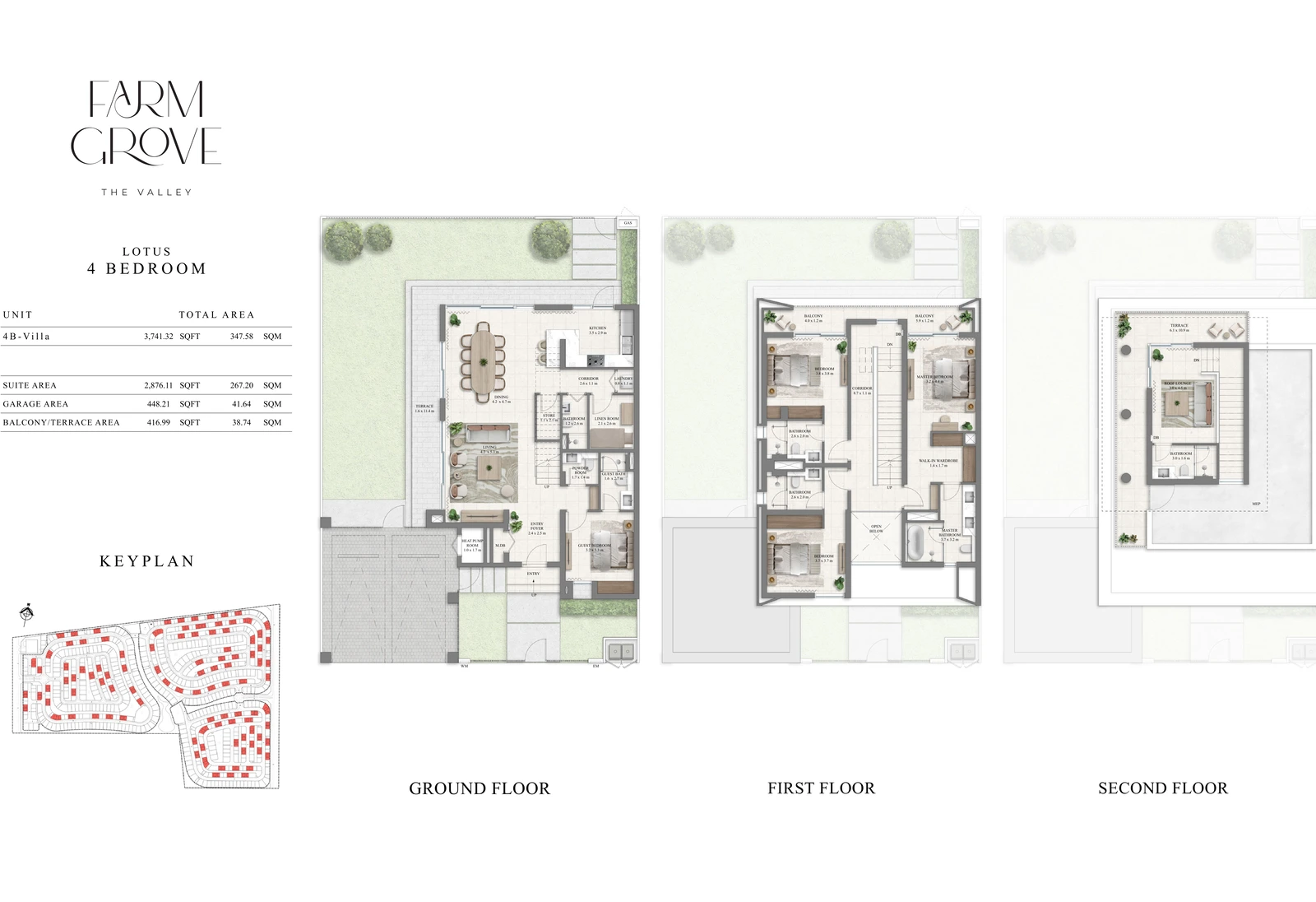Farm Grove 4-bedroom Lotus villa floor plan showing ground, first and second floors, 3,741.32 sq ft